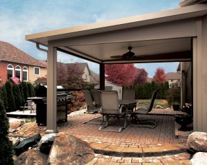A patio cover over patio furniture